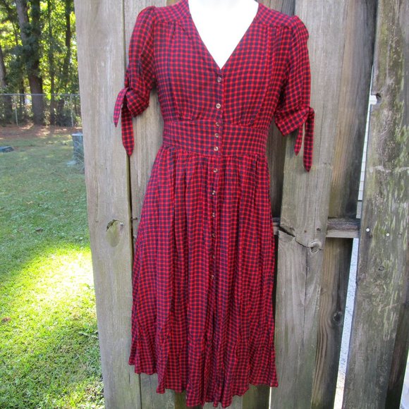 Entro Gingham Red/Blue Dress Checkered Ruffle Maxi Women's Size Small Buttons - Picture 2 of 8